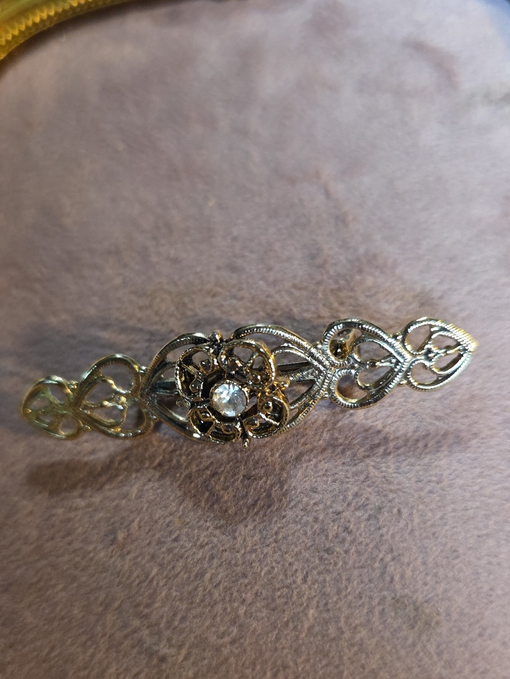 Vintage Ornate Openwork Filigree Bar Brooch With Rhinestone Accent